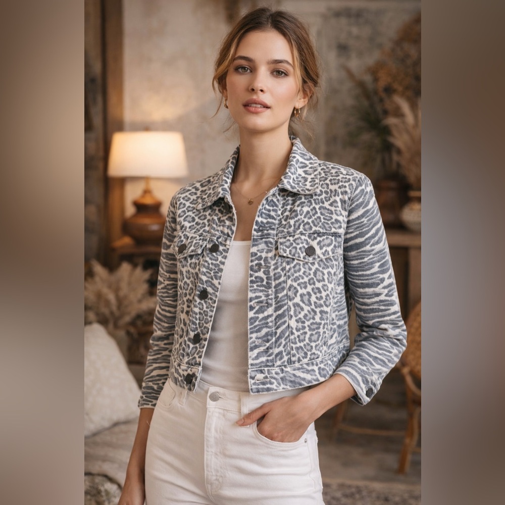 Current/Elliott Mixed Animal Print Cropped Denim Jacket Gray White Size 0